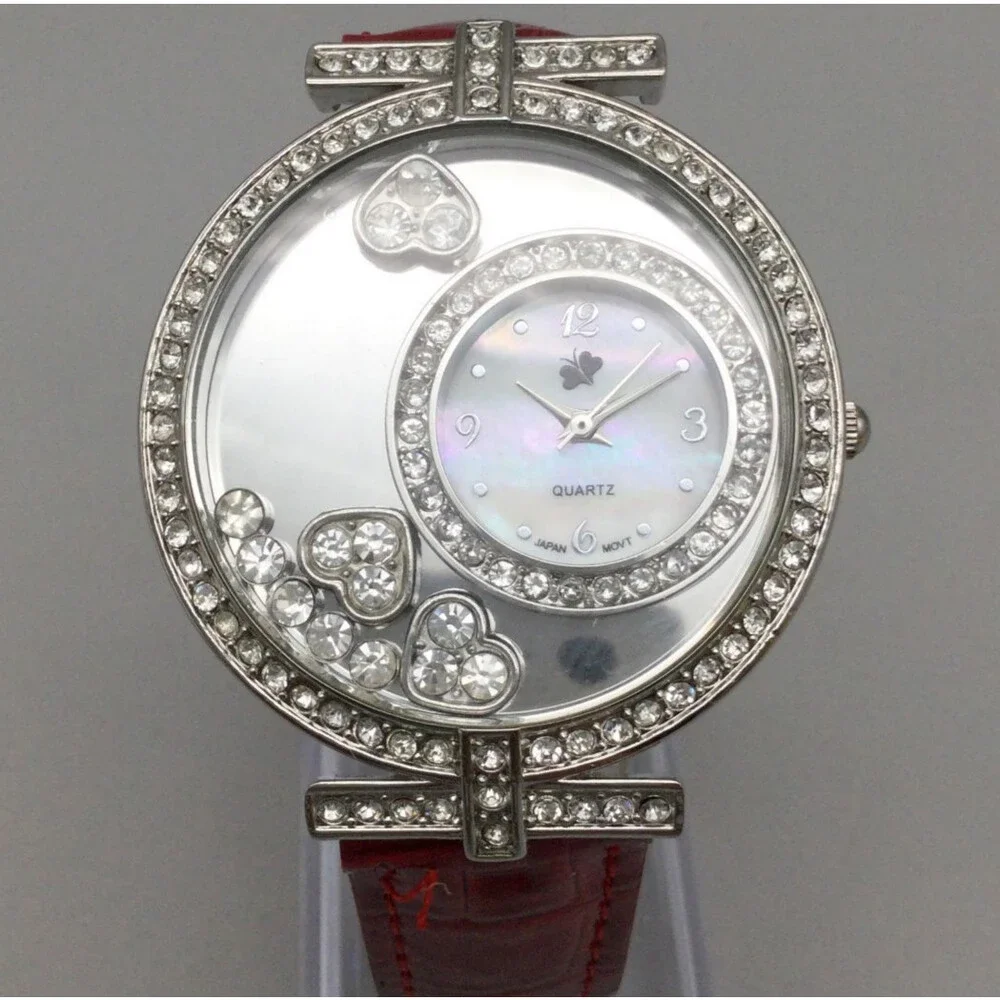 Accutime Watch Women 40mm Silver Tone MOP Dial Floating Crystals New Battery